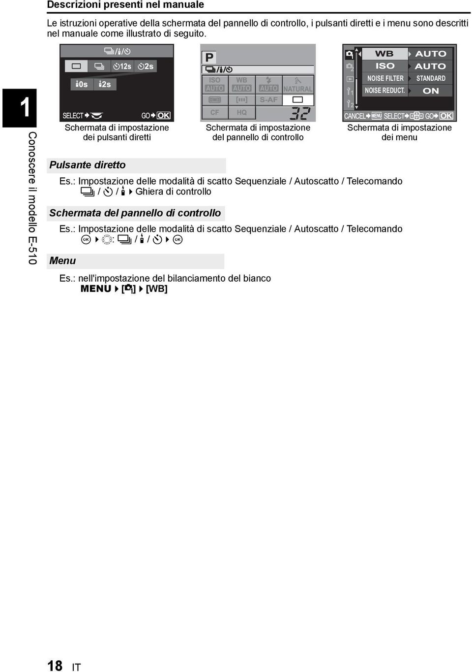 : Impostazione delle modalità di scatto Sequenziale / Autoscatto / Telecomando j / Y / < Ghiera di controllo Schermata del pannello di controllo Es.