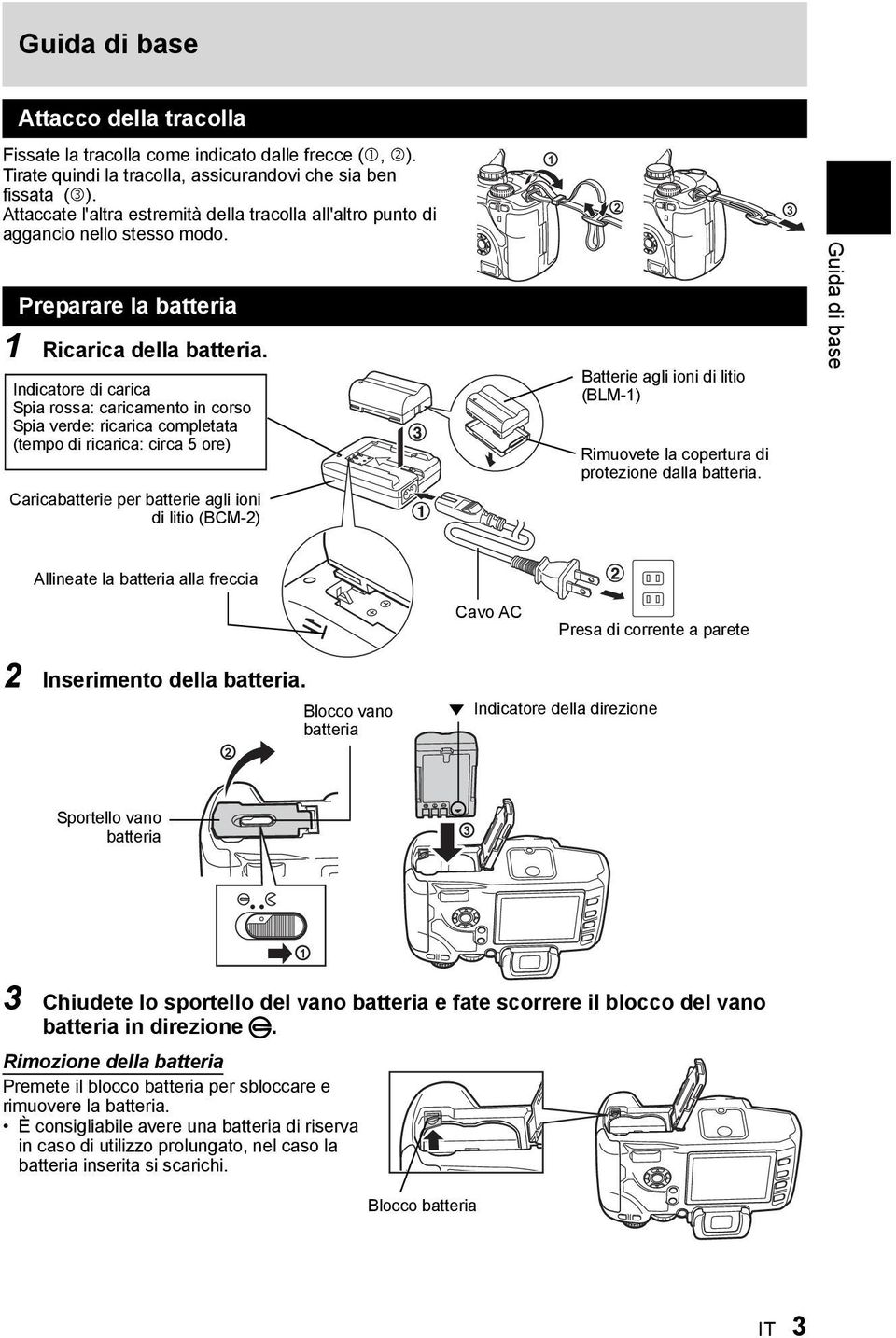 Indicatore di carica Spia rossa: caricamento in corso Spia verde: ricarica completata (tempo di ricarica: circa 5 ore) Caricabatterie per batterie agli ioni di litio (BCM-2) 1 2 Batterie agli ioni di