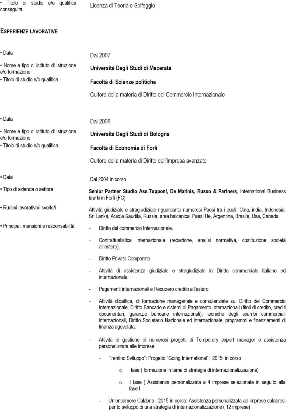 dell impresa avanzato Tipo di azienda o settore Ruolo/i lavorativo/i svolto/i Dal 2004 In corso Senior Partner Studio Ass.