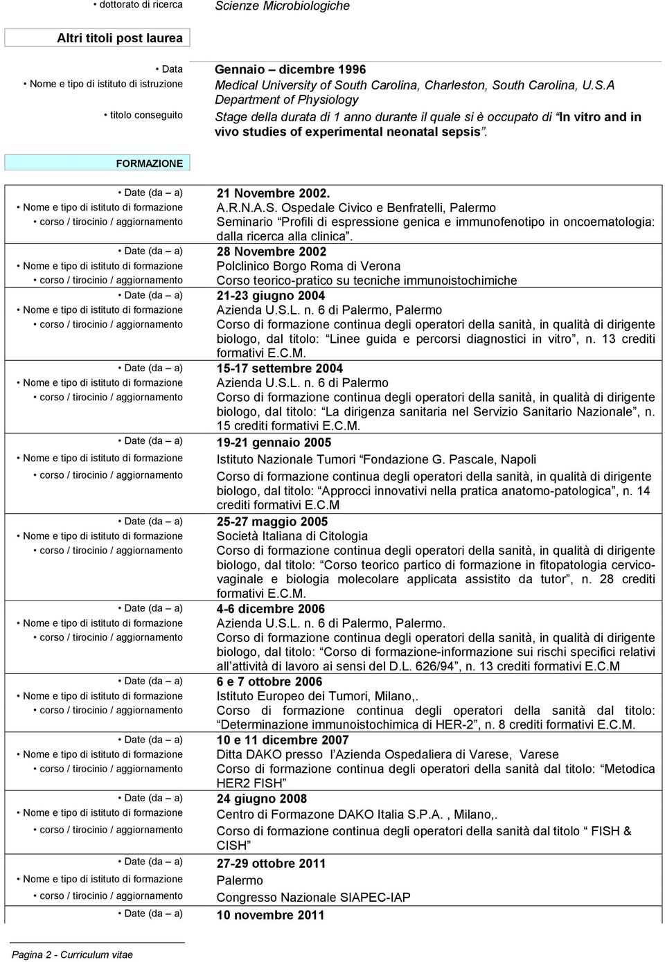 FORMAZIONE Date (da a) 21 Novembre 2002. Date (da a) 28 Novembre 2002 Date (da a) 21-23 giugno 2004 Date (da a) 15-17 settembre 2004 A.R.N.A.S.