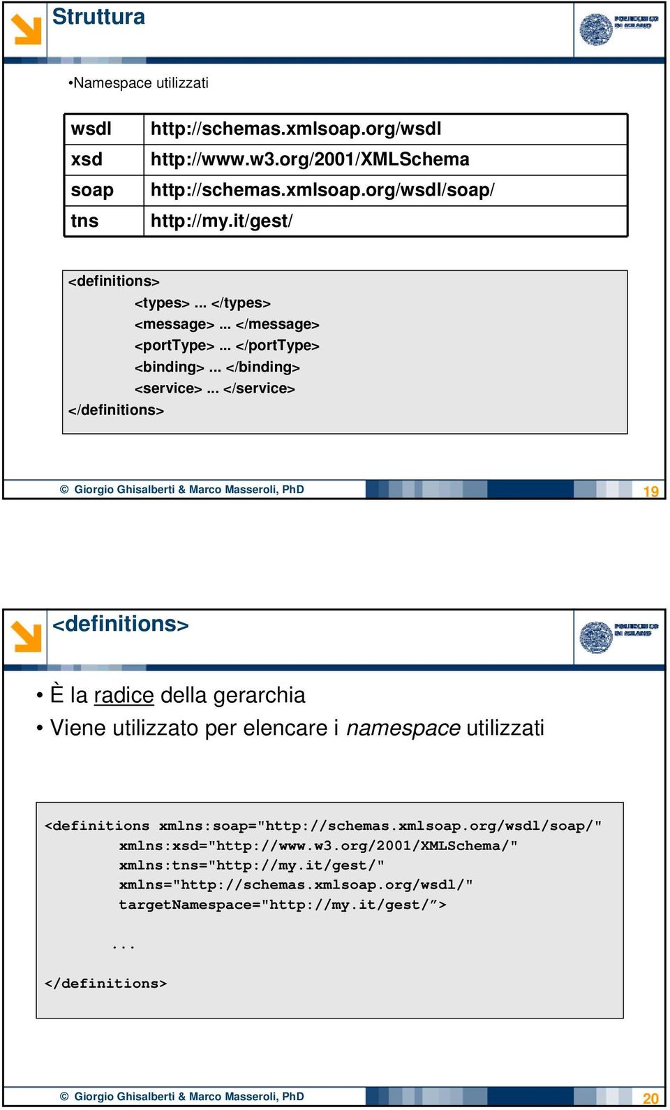 .. </service> </definitions> Giorgio Ghisalberti & Marco Masseroli, PhD 19 <definitions> È la radice della gerarchia Viene utilizzato per elencare i namespace utilizzati <definitions