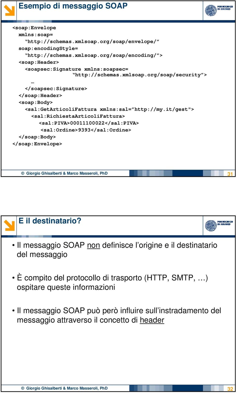 it/gest"> <sal:richiestaarticolifattura> <sal:piva>00011100022</sal:piva> <sal:ordine>9393</sal:ordine> </soap:body> </soap:envelope> Giorgio Ghisalberti & Marco Masseroli, PhD 31 E il destinatario?