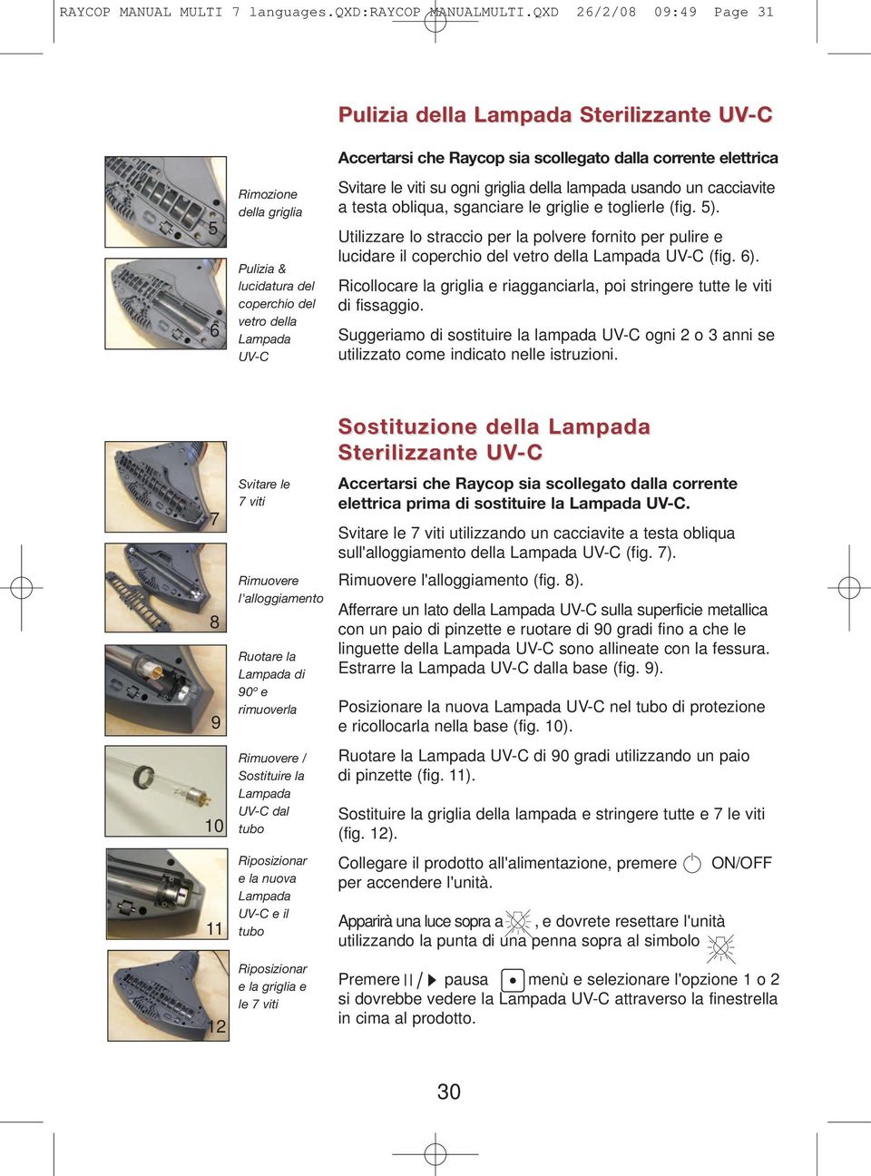 dalla corrente elettrica Svitare le viti su ogni griglia della lampada usando un cacciavite a testa obliqua, sganciare le griglie e toglierle (fig. 5).