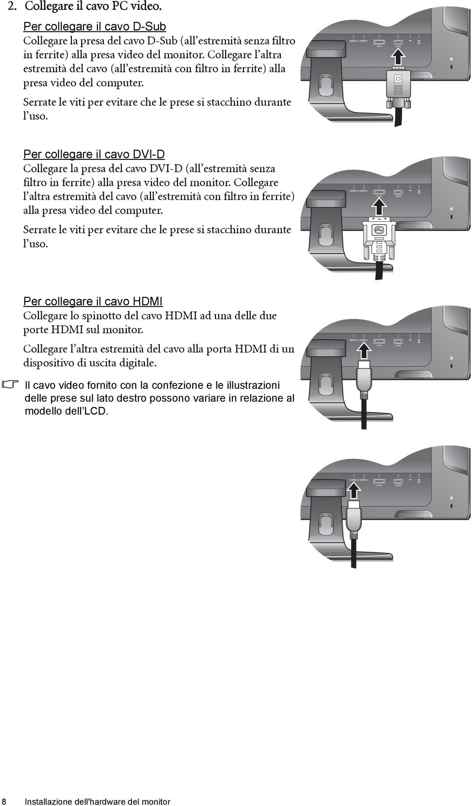 Per collegare il cavo DVI-D Collegare la presa del cavo DVI-D (all estremità senza filtro in ferrite) alla presa video del monitor.