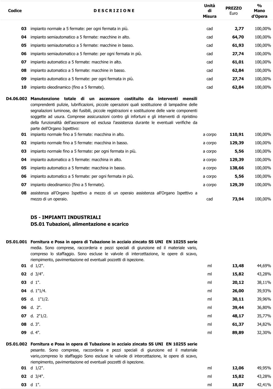 cad 27,74 100,00 07 impianto automatico a 5 fermate: macchine in alto. cad 61,01 100,00 08 impianto automatico a 5 fermate: macchine in basso.