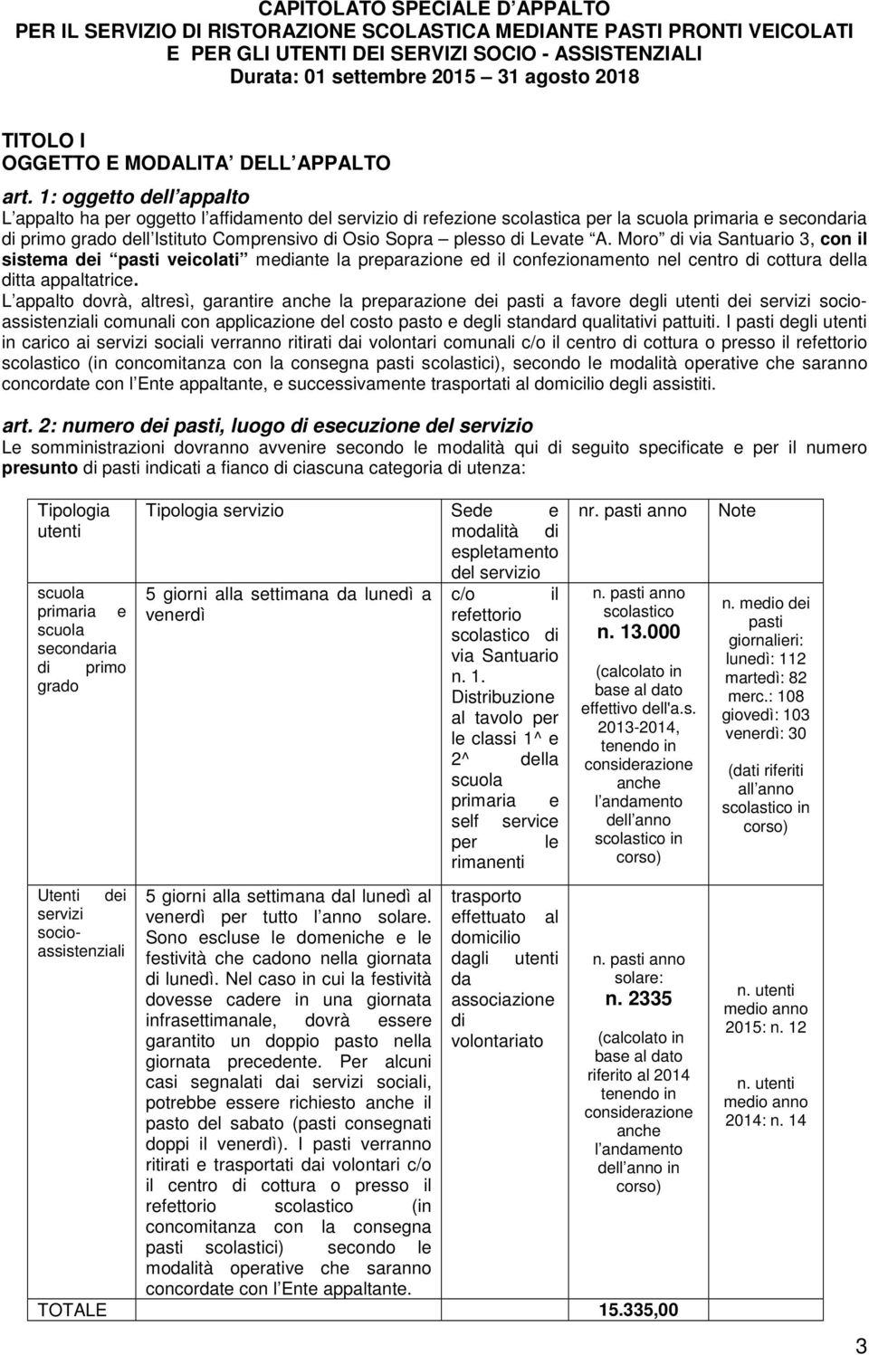 1: oggetto dell appalto L appalto ha per oggetto l affidamento del servizio di refezione scolastica per la scuola primaria e secondaria di primo grado dell Istituto Comprensivo di Osio Sopra plesso