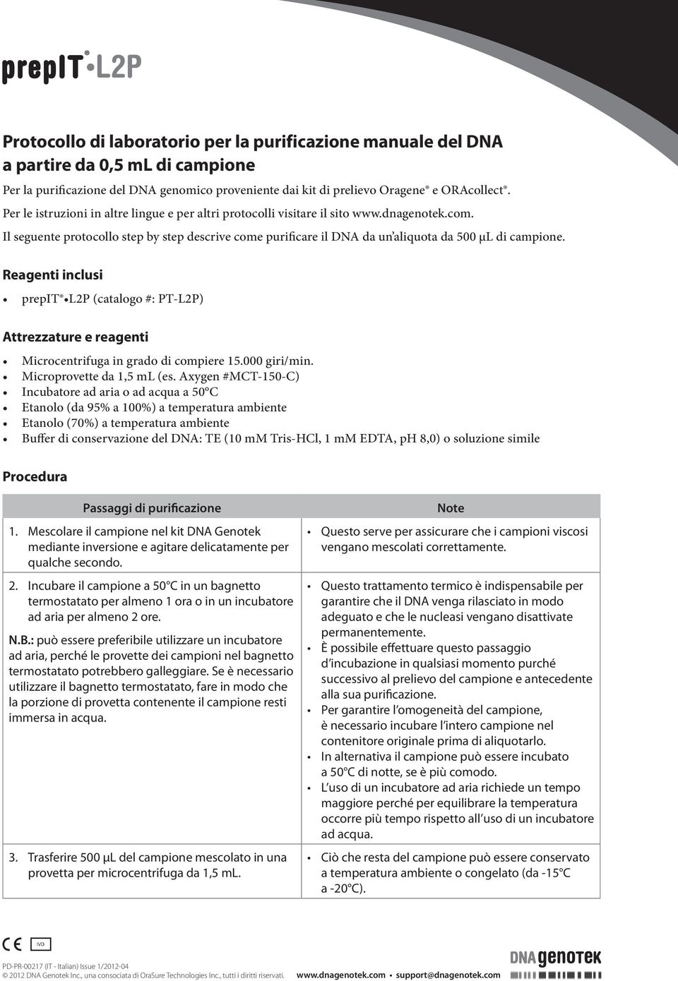 Reagenti inclusi prepit L2P (catalogo #: PT-L2P) Attrezzature e reagenti Microcentrifuga in grado di compiere 15.000 giri/min. Microprovette da 1,5 ml (es.