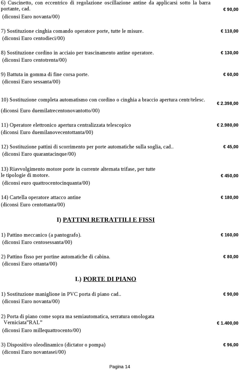 110,00 (diconsi Euro centodieci/00) 8) Sostituzione cordino in acciaio per trascinamento antine operatore. 130,00 (diconsi Euro centotrenta/00) 9) Battuta in gomma di fine corsa porte.