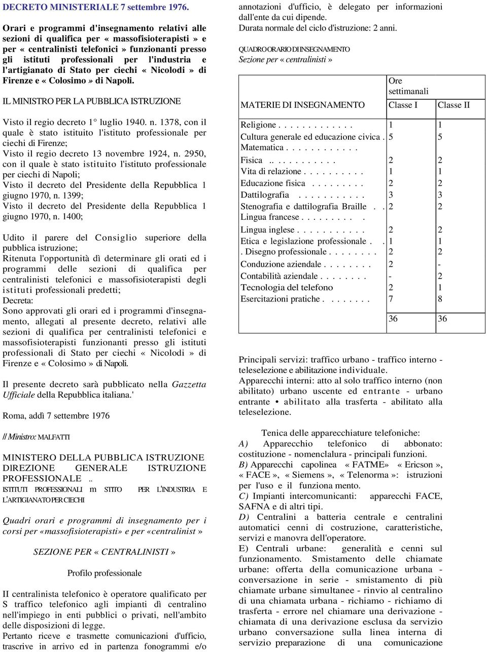 l'artigianato di Stato per ciechi «Nicolodi» di Firenze e «Colosimo» di Napoli. IL MINISTRO PER LA PUBBLICA ISTRUZIONE Visto il regio decreto luglio 940. n.