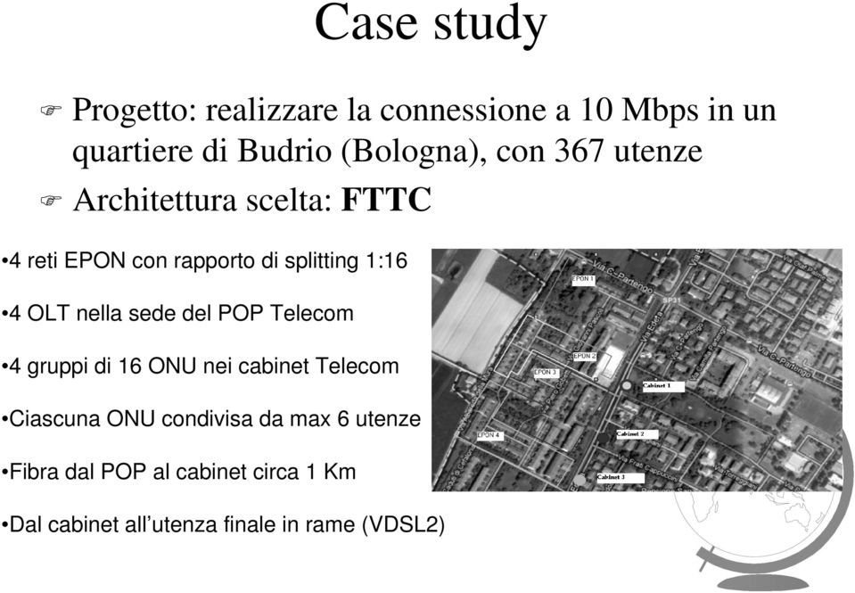 1:16 4 OLT nella sede del POP Telecom 4 gruppi di 16 ONU nei cabinet Telecom Ciascuna ONU