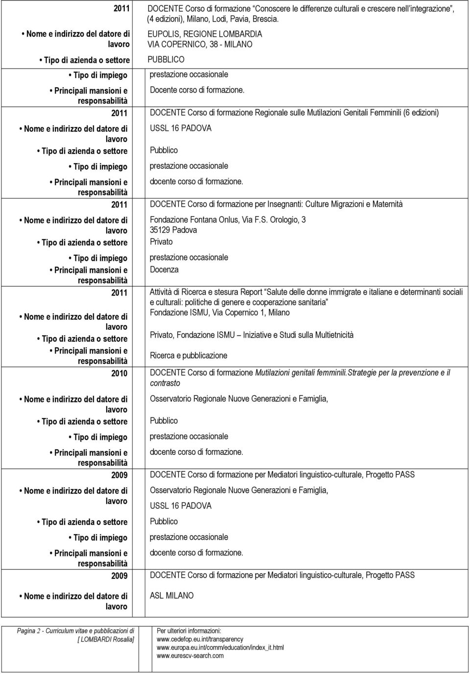 2011 DOCENTE Corso di formazione Regionale sulle Mutilazioni Genitali Femminili (6 edizioni) USSL 16 PADOVA Principali mansioni e docente corso di formazione.