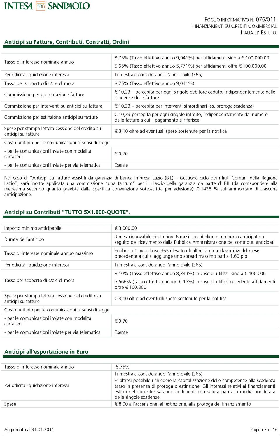 000,00 Periodicit liquidazione interessi Trimestrale considerando lanno civile (365) Tasso per scoperto di c/c e di mora 8,75% (Tasso effettivo annuo 9,041%) Commissione per presentazione fatture