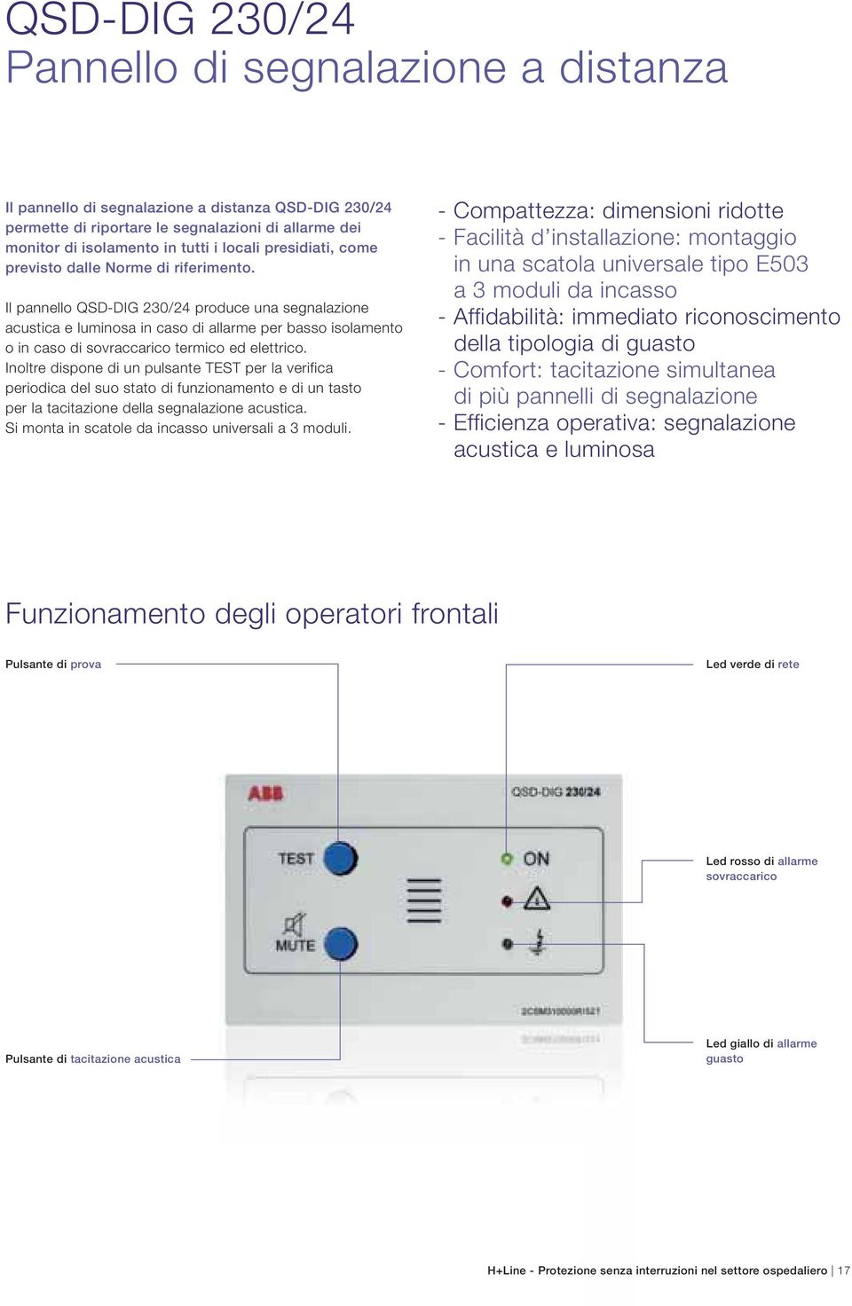 Il pannello QD-DIG 230/24 produce una segnalazione acustica e luminosa in caso di allarme per basso isolamento o in caso di sovraccarico termico ed elettrico.