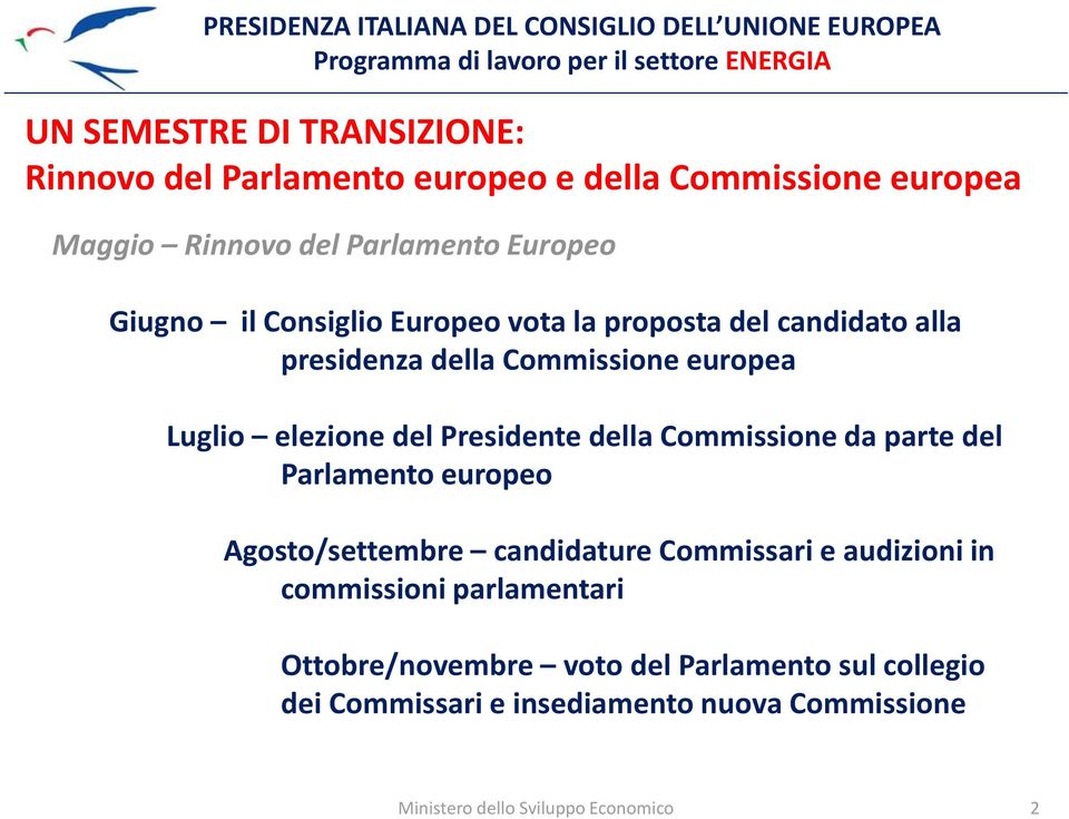 Presidente della Commissione da parte del Parlamento europeo Agosto/settembre candidature Commissari e audizioni in commissioni