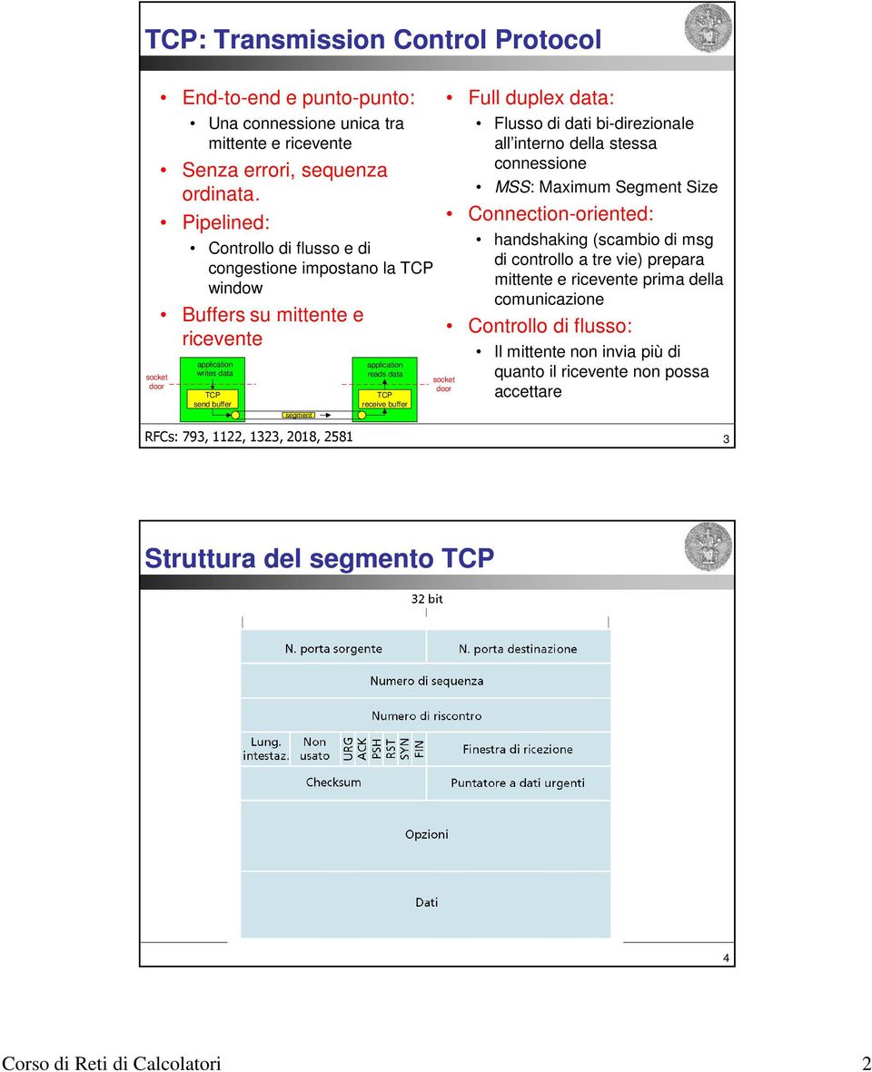 receive buffer Full duplex data: Flusso di dati bi-direzionale all interno della stessa connessione MSS: Maximum Segment Size Connection-oriented: handshaking (scambio di msg di controllo a tre