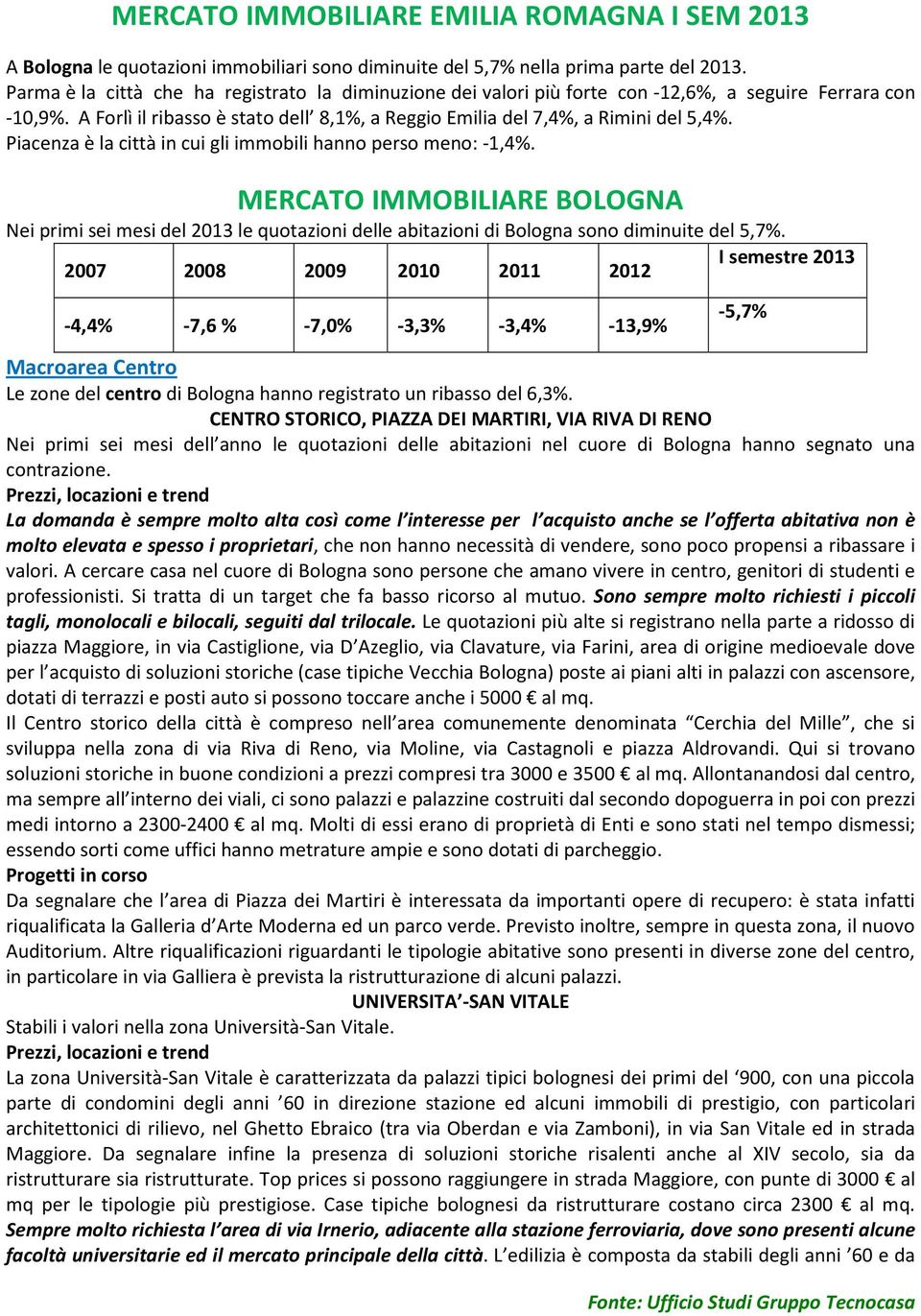 Piacenza è la città in cui gli immobili hanno perso meno: -1,4%. MERCATO IMMOBILIARE BOLOGNA Nei primi sei mesi del 2013 le quotazioni delle abitazioni di Bologna sono diminuite del 5,7%.