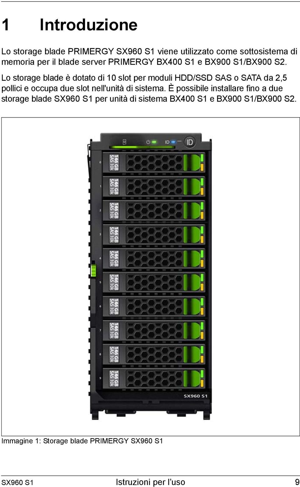 Lo storage blade è dotato di 10 slot per moduli HDD/SSD SAS o SATA da 2,5 pollici e occupa due slot nell'unità di