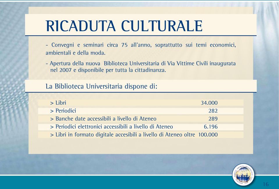 cittadinanza. La Biblioteca Universitaria dispone di: > Libri 34.