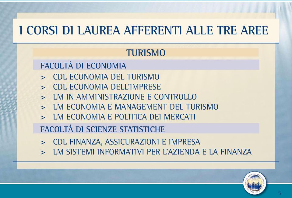 MANAGEMENT DEL TURISMO > LM ECONOMIA E POLITICA DEI MERCATI FACOLTÀ DI SCIENZE