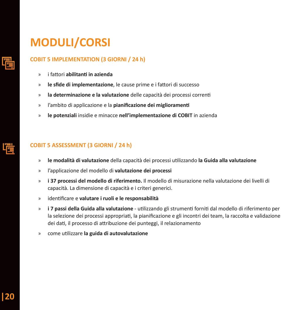 24 h)» le modalità di valutazione della capacità dei processi utilizzando la Guida alla valutazione» l applicazione del modello di valutazione dei processi» i 37 processi del modello di riferimento.