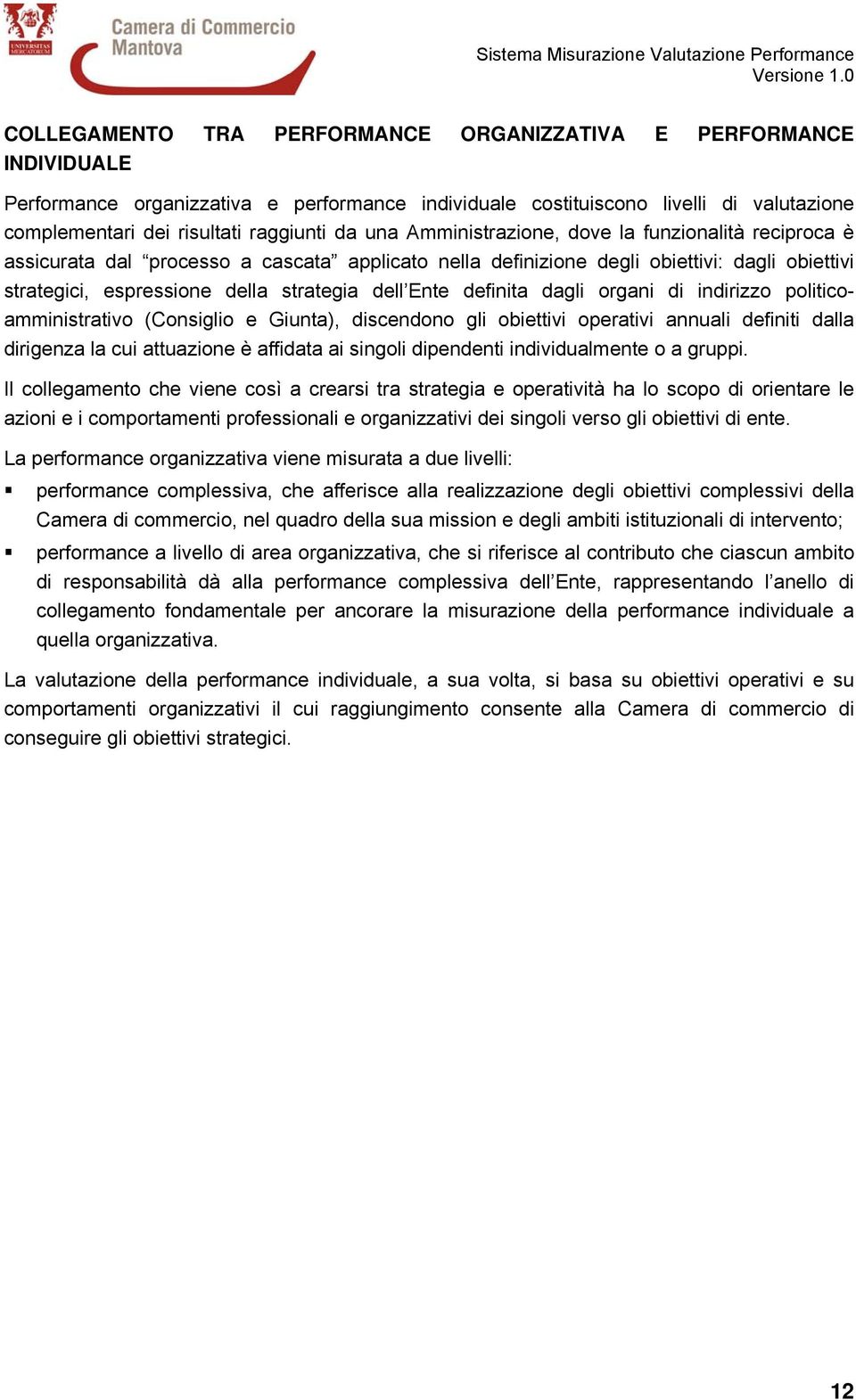 da una Amministrazione, dove la funzionalità reciproca è assicurata dal processo a cascata applicato nella definizione degli obiettivi: dagli obiettivi strategici, espressione della strategia dell