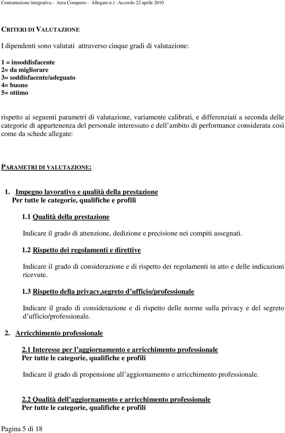 allegate: PARAMETRI DI VALUTAZIONE: 1. Impegno lavorativo e qualità della prestazione 1.1 Qualità della prestazione Indicare il grado di attenzione, dedizione e precisione nei compiti assegnati. 1.2 Rispetto dei regolamenti e direttive Indicare il grado di considerazione e di rispetto dei regolamenti in atto e delle indicazioni ricevute.