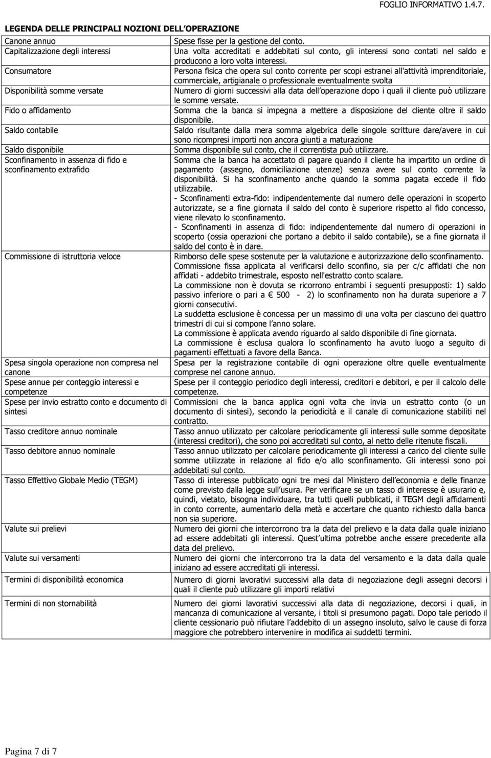 per invio estratto conto e documento di sintesi Tasso creditore annuo nominale Tasso debitore annuo nominale Tasso Effettivo Globale Medio (TEGM) Valute sui prelievi Valute sui versamenti Termini di