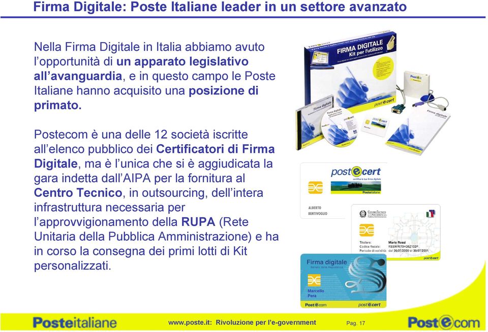 Postecom è una delle 12 società iscritte all elenco pubblico dei Certificatori di Firma Digitale, ma è l unica che si è aggiudicata la gara indetta dall AIPA per la