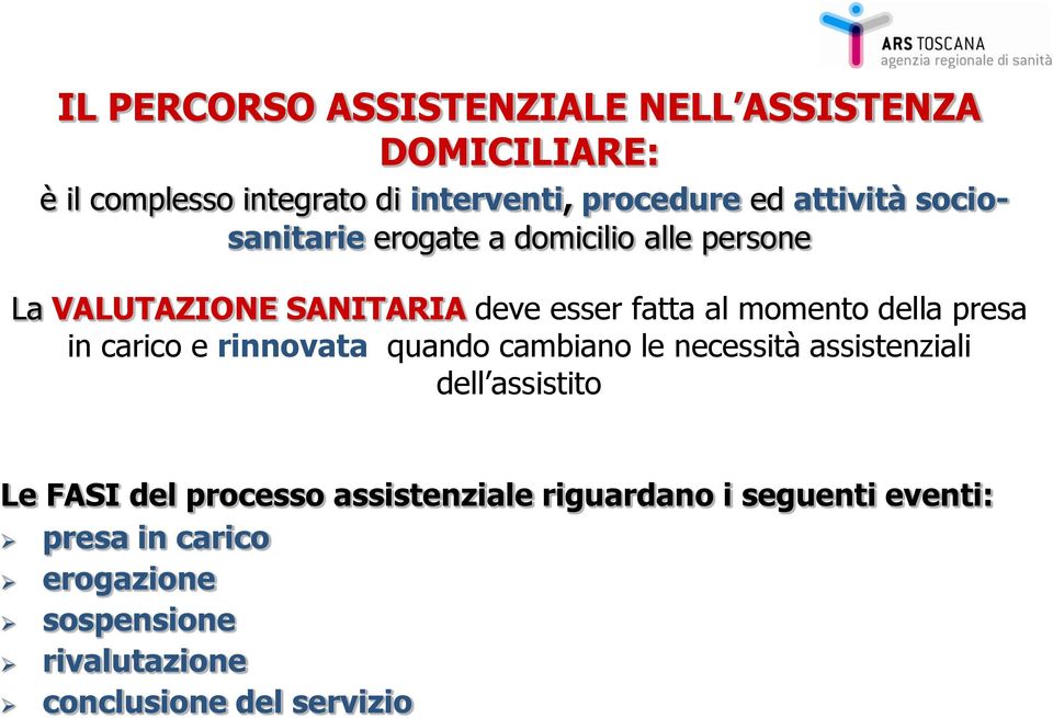 della presa in carico e rinnovata quando cambiano le necessità assistenziali dell assistito Le FASI del processo