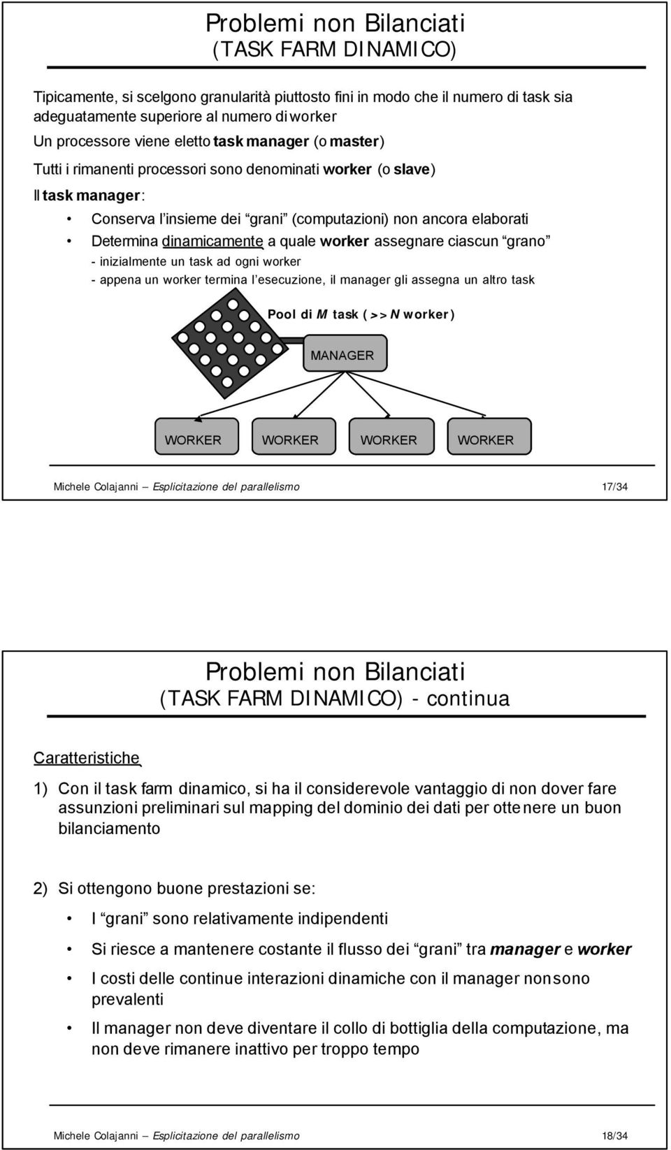 a quale worker assegnare ciascun grano - inizialmente un task ad ogni worker - appena un worker termina l esecuzione, il manager gli assegna un altro task Pool di M task (>>N worker) MANAGER WORKER