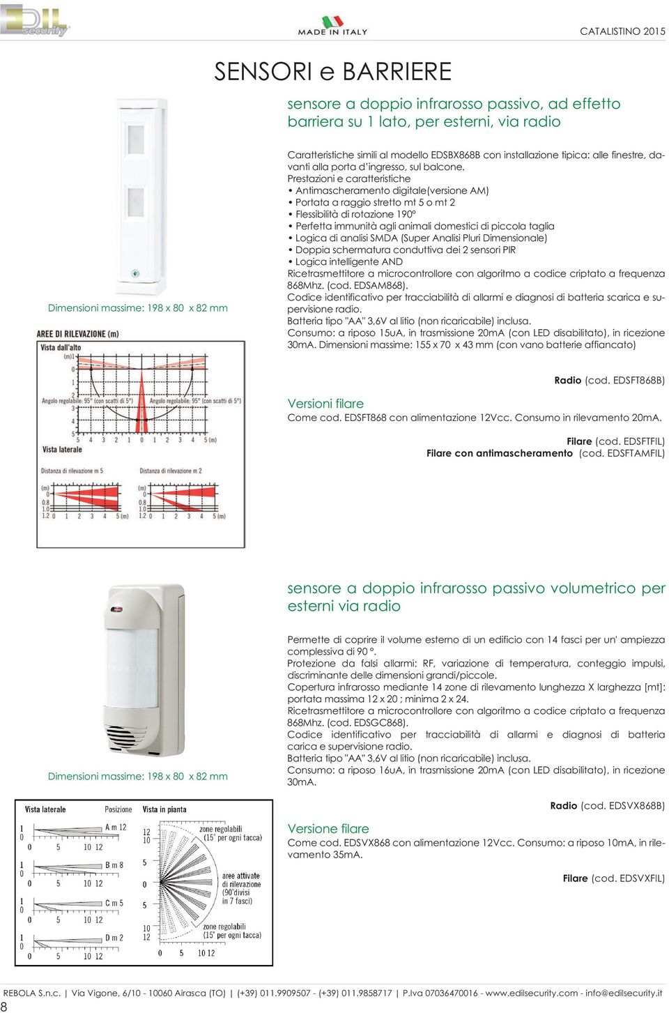 Prestazioni e caratteristiche Antimascheramento digitale(versione AM) Portata a raggio stretto mt 5 o mt 2 Flessibilità di rotazione 190 Perfetta immunità agli animali domestici di piccola taglia