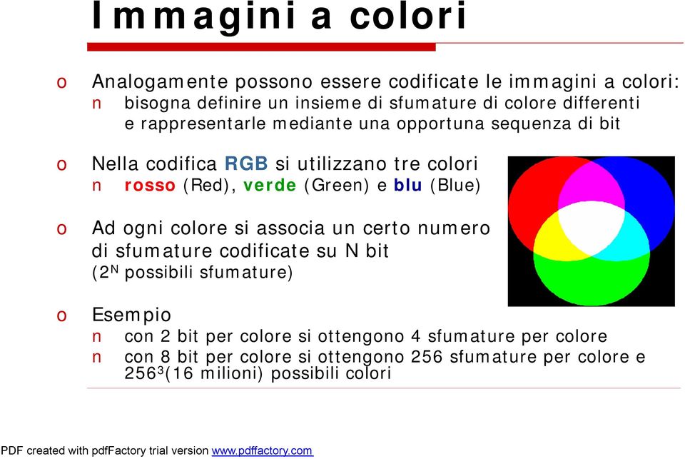 e blu (Blue) Ad ogni colore si associa un certo numero di sfumature codificate su N bit (2 N possibili sfumature) Esempio con 2 bit per