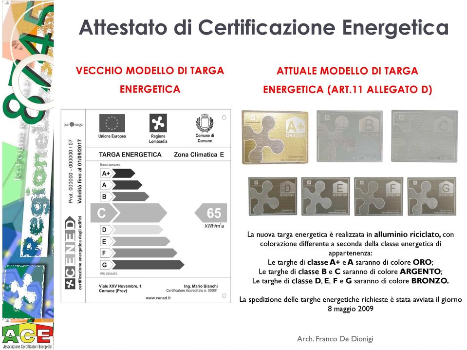 energetica di appartenenza: Le targhe di classe A+ e A saranno di colore ORO; Le targhe di classe B e C saranno di colore