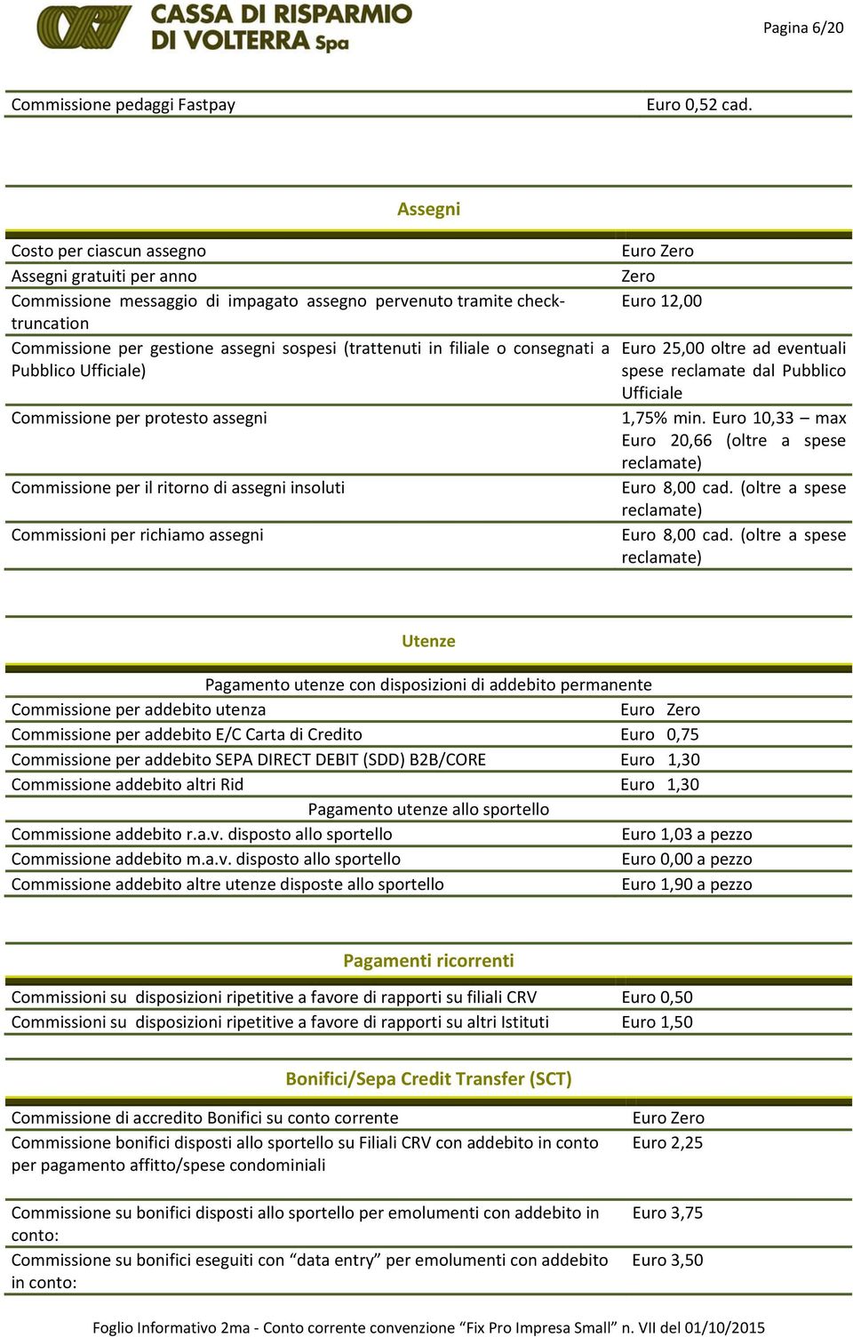 o consegnati a Pubblico Ufficiale) Commissione per protesto assegni Commissione per il ritorno di assegni insoluti Commissioni per richiamo assegni Zero Euro 12,00 Euro 25,00 oltre ad eventuali spese