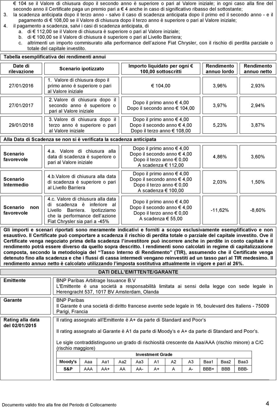 il pagamento a, salvi i casi di anticipata, di a. di 112,00 se il è superiore o pari al Valore iniziale; b. di 100,00 se il è superiore o pari al Livello Barriera; c.