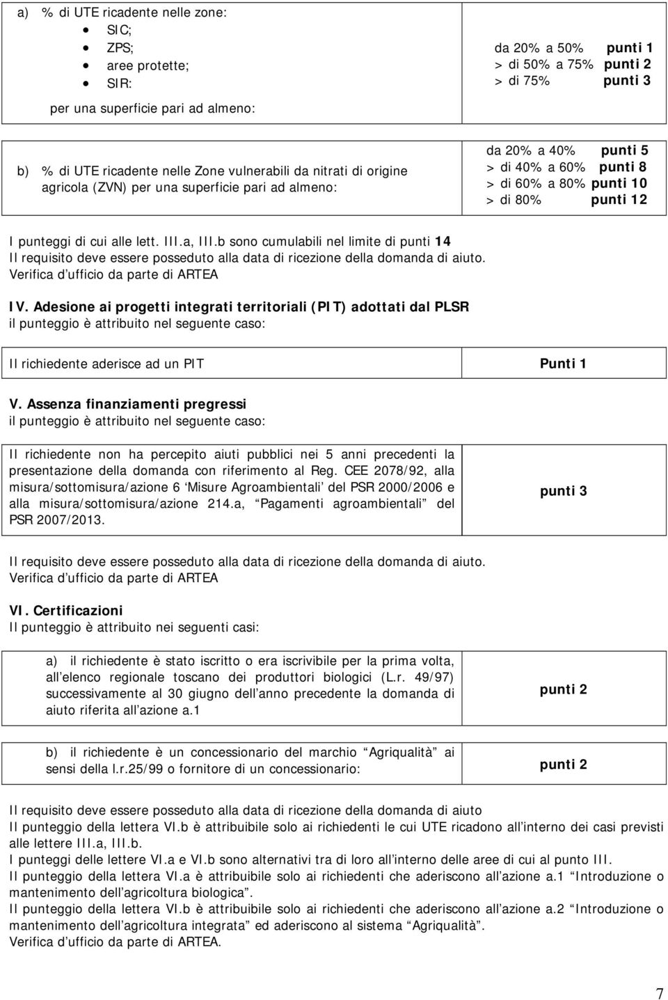 III.a, III.b sono cumulabili nel limite di punti 14 Il requisito deve essere posseduto alla data di ricezione della domanda di aiuto. Verifica d ufficio da parte di ARTEA IV.