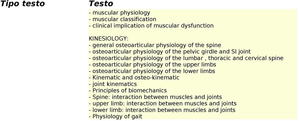 of the upper limbs - osteoarticular physiology of the lower limbs - Kinematic and osteo-kinematic - joint kinematics - Principles of biomechanics - Spine: