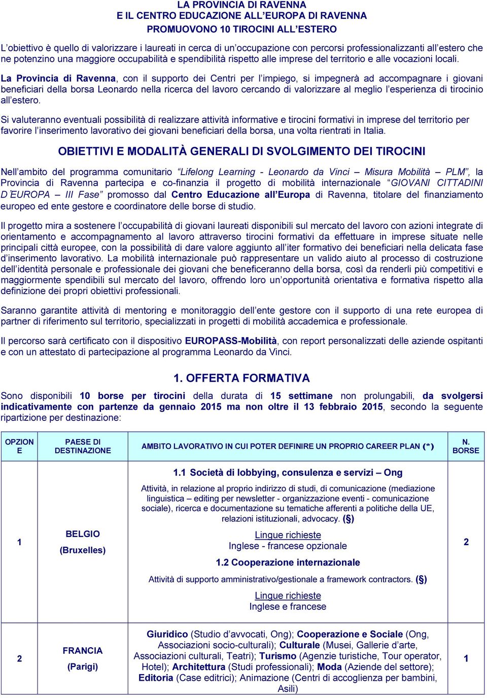 La Provincia di Ravenna, con il supporto dei Centri per l impiego, si impegnerà ad accompagnare i giovani beneficiari della borsa Leonardo nella ricerca del lavoro cercando di valorizzare al meglio l