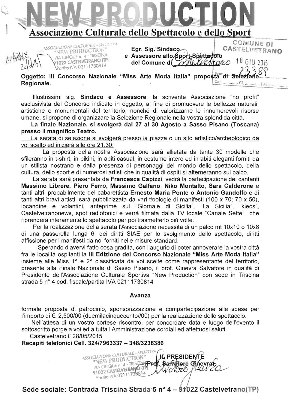 A TR\SONA e Assessore allo p OO1tta1ItDll> IV ~ \l 1022 CASTELVETRANO (tpi del Comune d 6.(..L#-W::::l.~~~':"/ 1BGIU2015 artilo l'la 02 1 1173081.& Oggetto: III Concor.