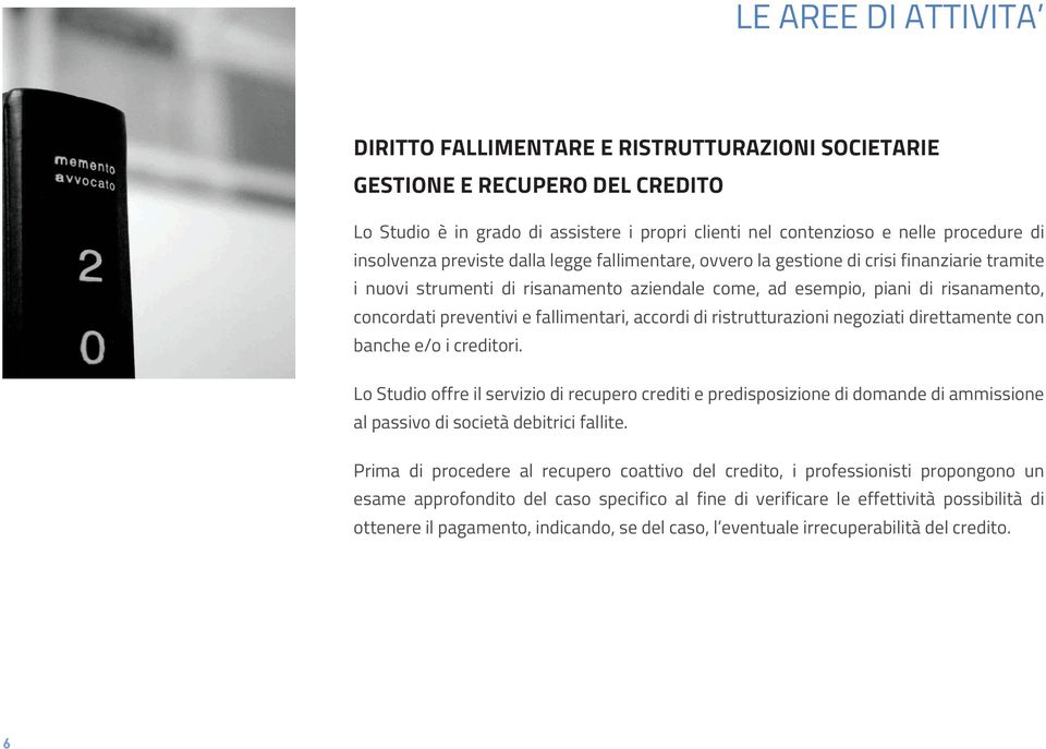 ristrutturazioni negoziati direttamente con banche e/o i creditori. Lo Studio offre il servizio di recupero crediti e predisposizione di domande di ammissione al passivo di società debitrici fallite.