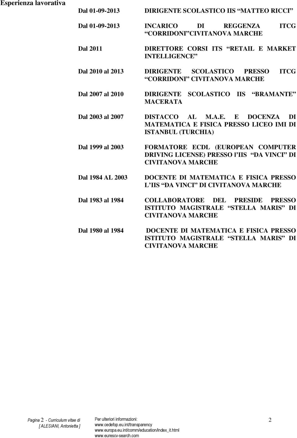 MATEMATICA E FISICA PRESSO LICEO IMI DI ISTANBUL (TURCHIA) Dal 1999 al 2003 Dal 1984 AL 2003 FORMATORE ECDL (EUROPEAN COMPUTER DRIVING LICENSE) PRESSO l IIS DA VINCI DI CIVITANOVA MARCHE DOCENTE DI