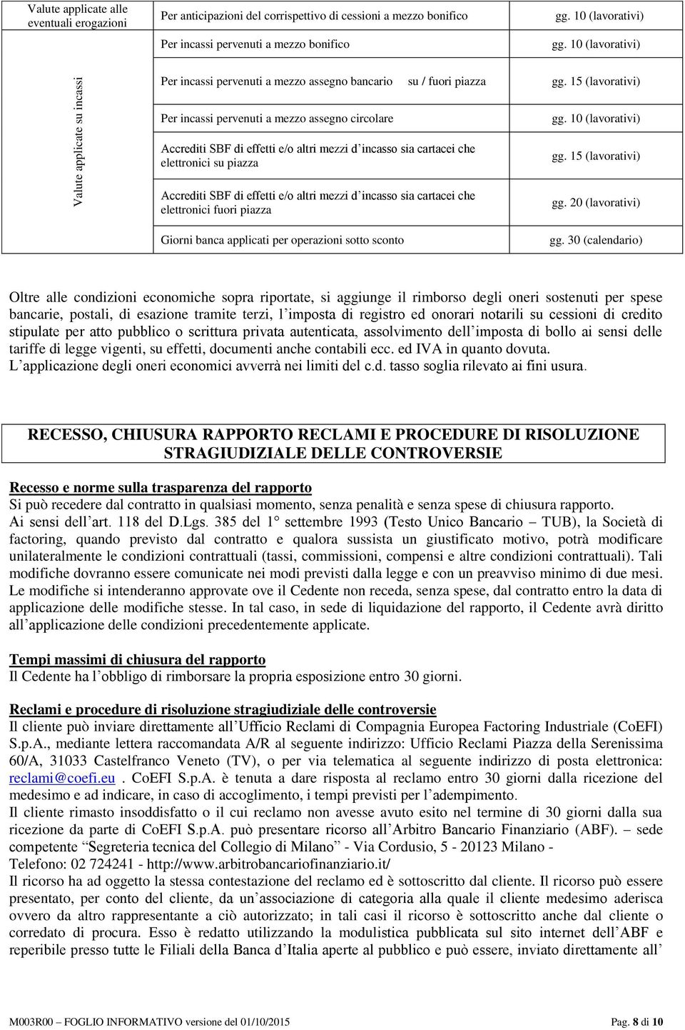 15 (lavorativi) Per incassi pervenuti a mezzo assegno circolare Accrediti SBF di effetti e/o altri mezzi d incasso sia cartacei che elettronici su piazza Accrediti SBF di effetti e/o altri mezzi d