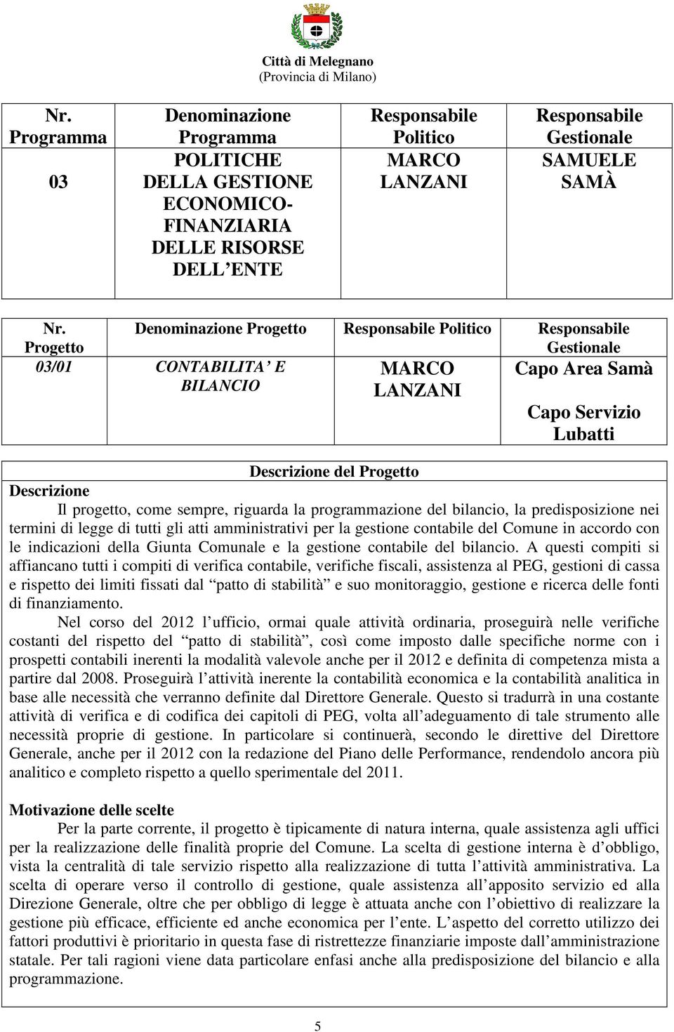 programmazione del bilancio, la predisposizione nei termini di legge di tutti gli atti amministrativi per la gestione contabile del Comune in accordo con le indicazioni della Giunta Comunale e la