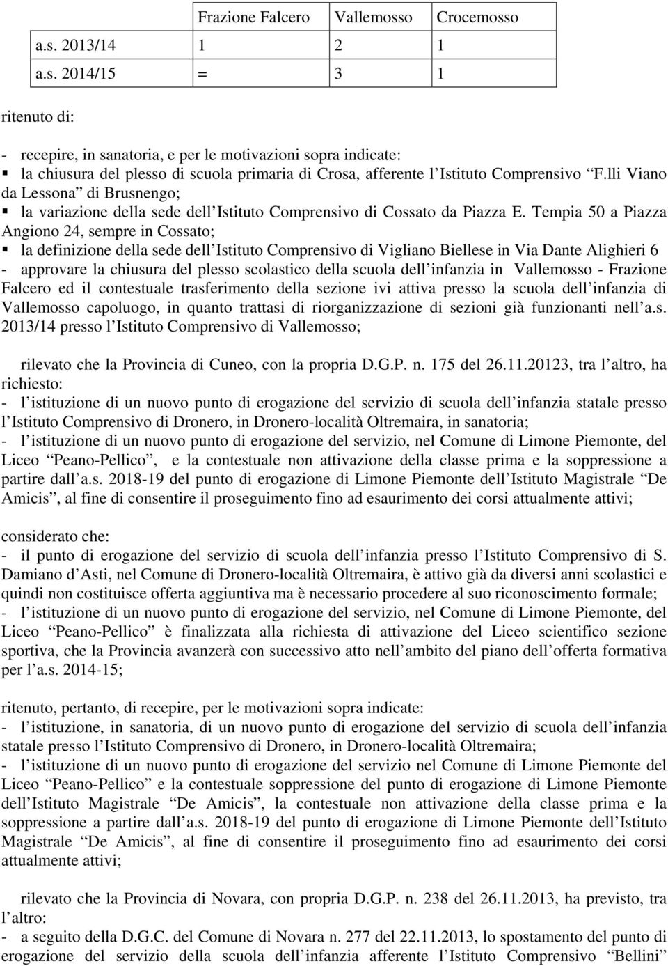 Tempia 50 a Piazza Angiono 24, sempre in Cossato; la definizione della sede dell di Vigliano Biellese in Via Dante Alighieri 6 - approvare la chiusura del della scuola dell infanzia in Vallemosso -