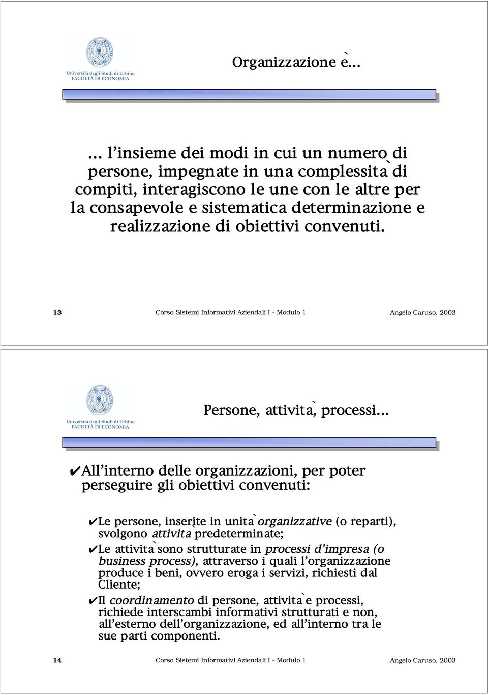 13 Corso Sistemi Informativi Aziendali I - Modulo 1 Persone, attività, processi All interno delle organizzazioni, per poter perseguire gli obiettivi convenuti: Le persone, inserite in unità