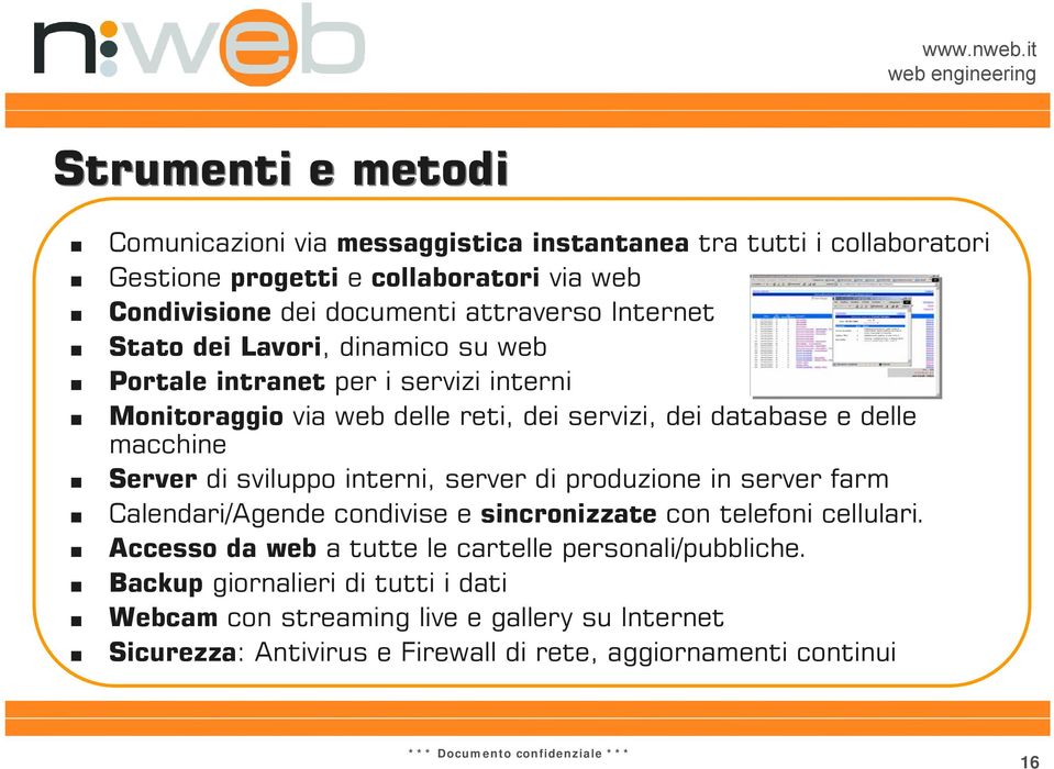 macchine Server di sviluppo interni, server di produzione in server farm Calendari/Agende condivise e sincronizzate con telefoni cellulari.