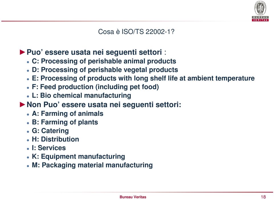 products E: Processing of products with long shelf life at ambient temperature F: Feed production (including pet food) L: