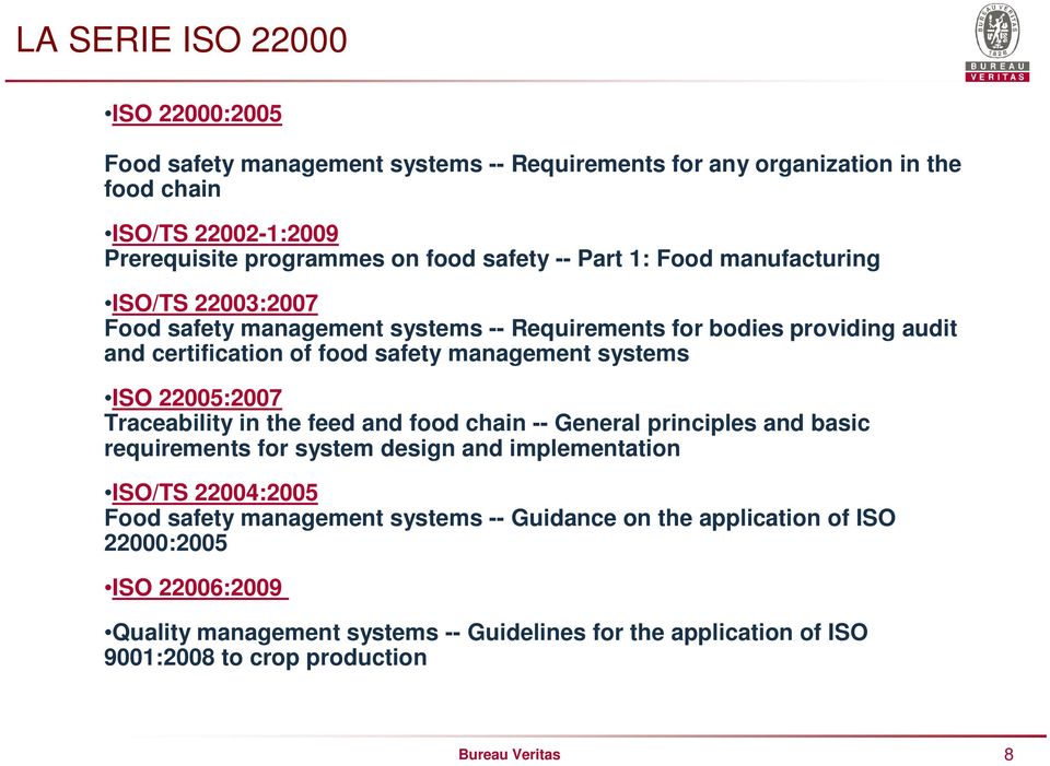 22005:2007 Traceability in the feed and food chain -- General principles and basic requirements for system design and implementation ISO/TS 22004:2005 Food safety management