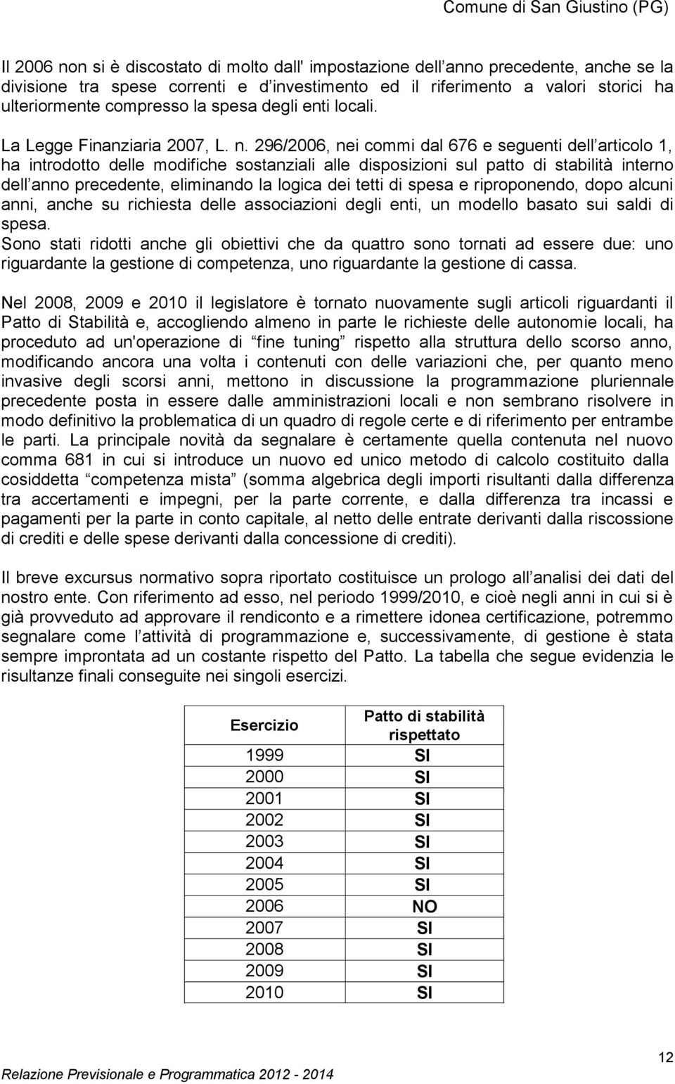 296/2006, nei commi dal 676 e seguenti dell articolo 1, ha introdotto delle modifiche sostanziali alle disposizioni sul patto di stabilità interno dell anno precedente, eliminando la logica dei tetti