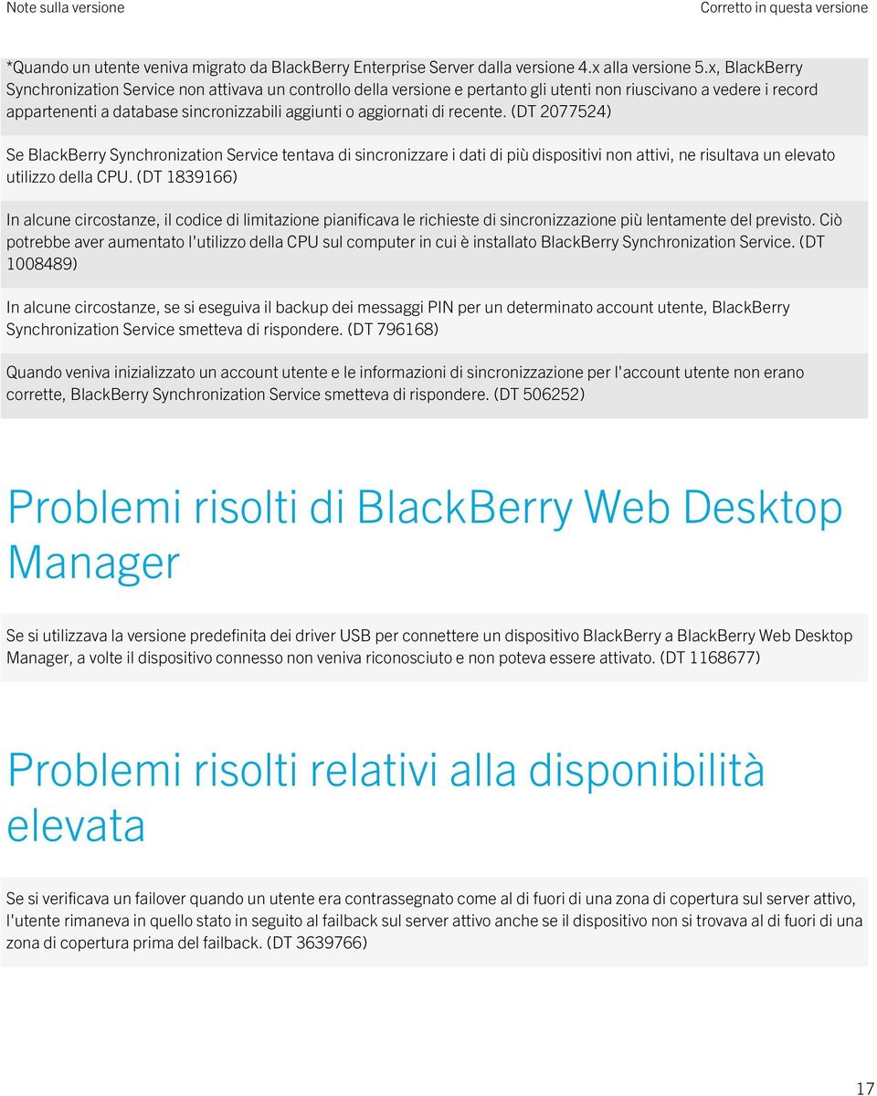 recente. (DT 2077524) Se BlackBerry Synchronization Service tentava di sincronizzare i dati di più dispositivi non attivi, ne risultava un elevato utilizzo della CPU.